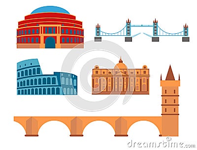Euro trip tourism travel design famous building and euro adventure international vector illustration. Vector Illustration