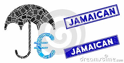 Euro Umbrella Mosaic and Grunge Rectangle Jamaican Seals Vector Illustration