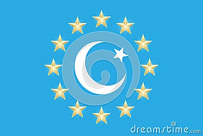 Euro union with turkey flag. Vector twelve european golden shapes stars with moon isolated on a blue background. EU emblem sky Vector Illustration