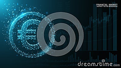 Eurocurrency. Exchange. Charts currency quotes. Euro icon. Low poly image. Dark blue futuristic background. Vector Illustration