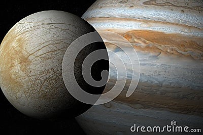 Europa moon and Jupiter planet in rotation in the outer space Stock Photo