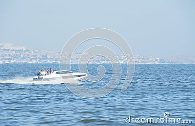 Europe, azerbaijan, baku, fast boat in caspian sea, aerial view Editorial Stock Photo