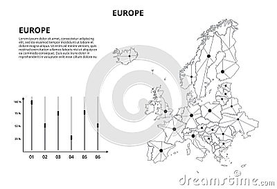 Europe communication network map. Vector image of a low poly global map with city lights. Map in the form of lines and dots Vector Illustration