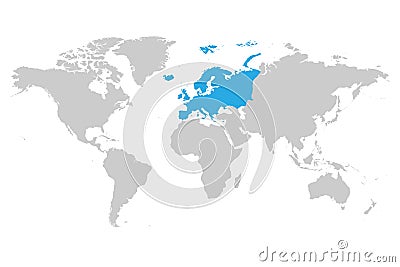Europe continent blue marked in grey silhouette of World map. Simple flat vector illustration Vector Illustration