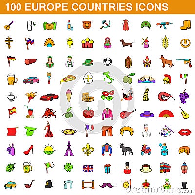 100 europe countries icons set, cartoon style Vector Illustration