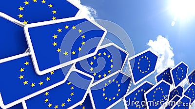 Europe first concept flying flag arrows towards the sun Cartoon Illustration