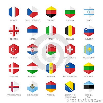 Europe Flag Icons. Hexagon Flat Design. Vector Illustration