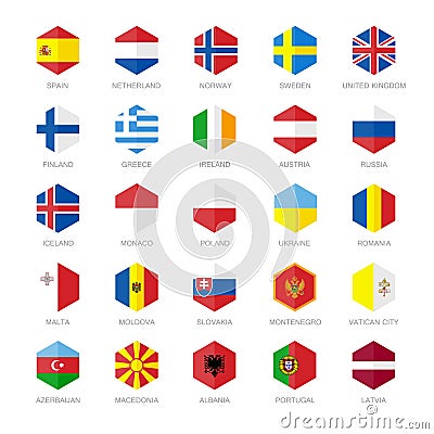 Europe Flag Icons. Hexagon Flat Design. Vector Illustration