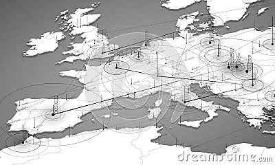 Europe grayscale map big data visualization. Futuristic map infographic. Information aesthetics. Visual data complexity. Vector Illustration