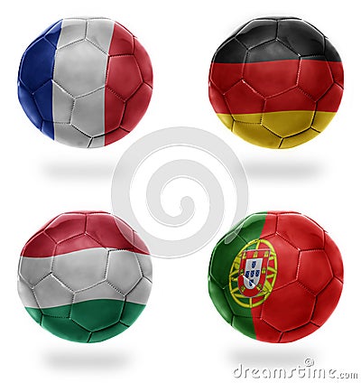 Europe group F. football balls with national flags of france, germany, hungary, portugal, soccer teams. 3D illustration Cartoon Illustration