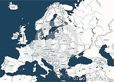 Europe high detailed political map with main rivers. All elements separated in detachable layers. Vector Illustration