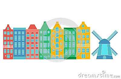 Europe house or apartments. Set of cute architecture in Netherlands. colorful old houses Amsterdam Vector Illustration
