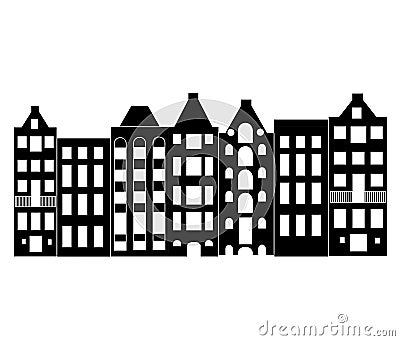 Europe house or apartments. Set of cute architecture in Netherlands. old houses Amsterdam silhouette Stock Photo