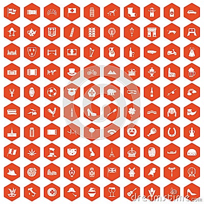 100 Europe icons hexagon orange Vector Illustration