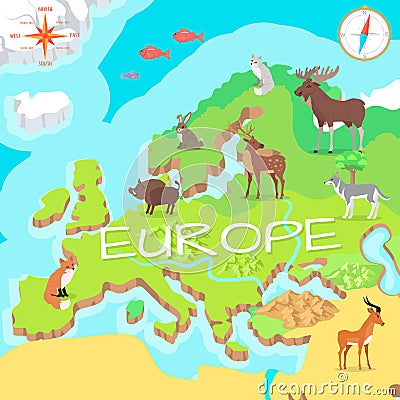 Europe Isometric Map with Flora and Fauna. Vector Vector Illustration