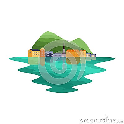 Europe Lakeside Village and Mountain Landscape Vector Illustration