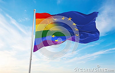 Europe lgbt pride flag waving in the wind at cloudy sky. Freedom and love concept. Pride month. activism, community and freedom Cartoon Illustration