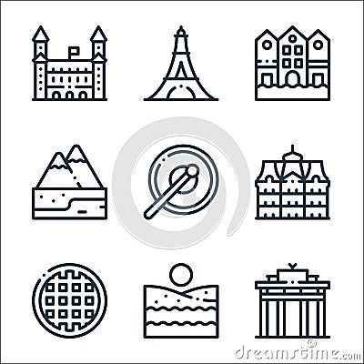 europe line icons. linear set. quality vector line set such as gate, beach, waffle, palace, tambourine, alps, bryggen, eiffel Vector Illustration