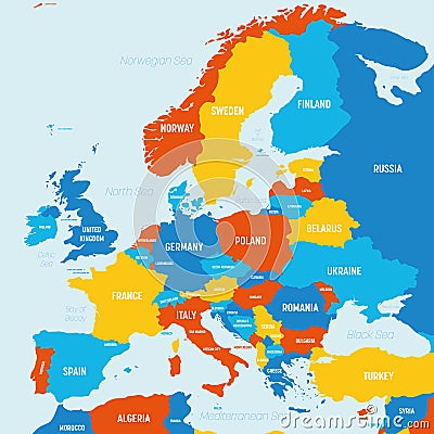 Europe map - 4 bright color scheme. High detailed political map of european continent with country, ocean and sea names Vector Illustration