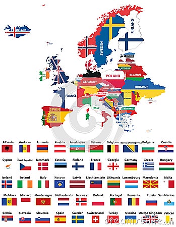 Europe map mixed with countries national flags. All european flags vector collection Vector Illustration