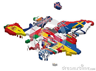 Europe map mixed with national flags and countries names Vector Illustration