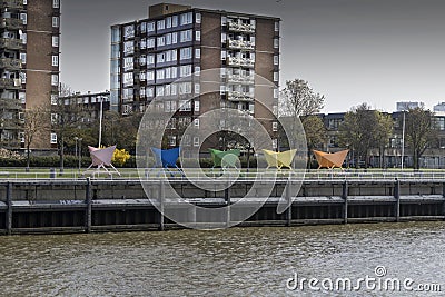 Folded Paper boats made from metal on land. HOLLAND Editorial Stock Photo