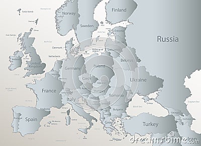 Europe with parts of Asia, detailed map, individual states and islands and sea with names, white blue card paper 3D Vector Illustration