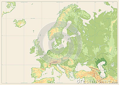 Europe Physical Map Isolated on Retro White. No text Vector Illustration