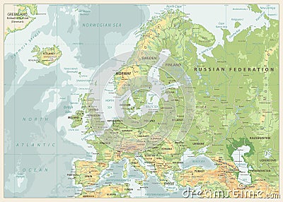 Europe Physical Map. Retro Colors Vector Illustration