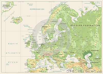 Europe Physical Map. Retro Colors. No bathymetry Vector Illustration