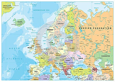 Europe Political Map and Bathymetry Vector Illustration