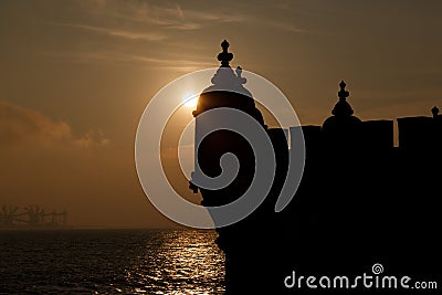 Europe, Portugal, Lisbon-silhouette of Belem Tower Stock Photo