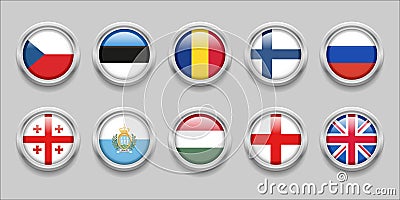 Europe Round Flags Set Collection 3D round flag, badge flag, Ceko, Romania, finland, Russia, San Marino, Vector Illustration