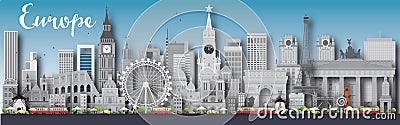 Europe skyline silhouette with different landmarks Cartoon Illustration