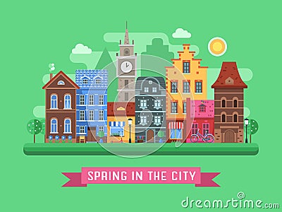 Europe Spring Street Landscape Vector Illustration