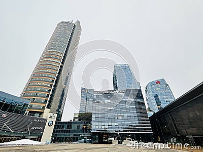 Vilnius, Lithuania, March 2023: Europe square Vilnius. Business city center with skyscrapers Editorial Stock Photo