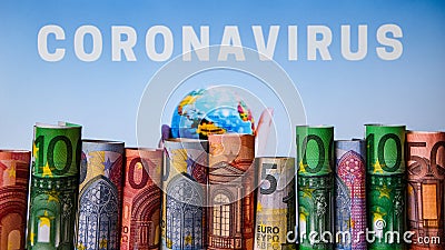 Europe stockmarket chart downtrend with banknote background, Covid19 virus pandemic crisis, euros rolled up Stock Photo