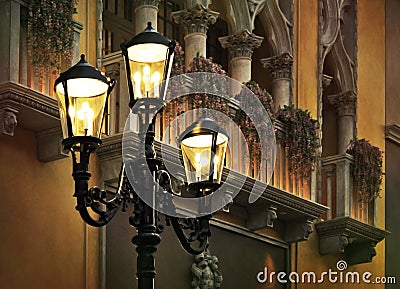 Europe Street Corner. Classic Street Lights. Stock Photo