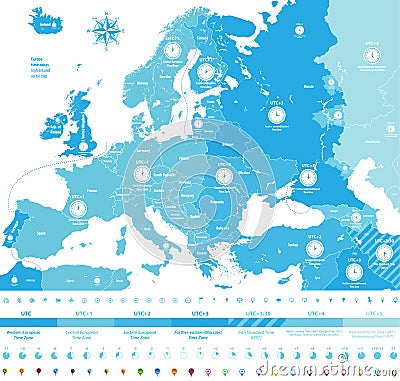 Europe time zones high detailed map with location and clock icons. Vector Illustration