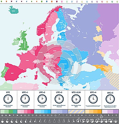 Europe time zones high detailed map with location and clock icons. Vector Illustration