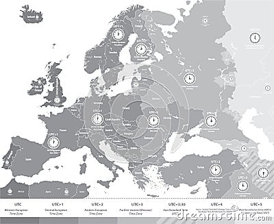 Europe time zones map in grey scales with location and clock icons. Vector Illustration