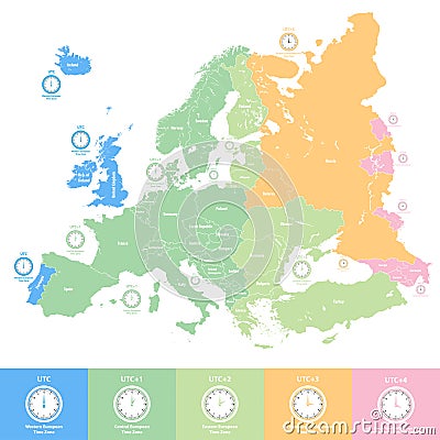 Europe time zones vector map with clocks icons Vector Illustration