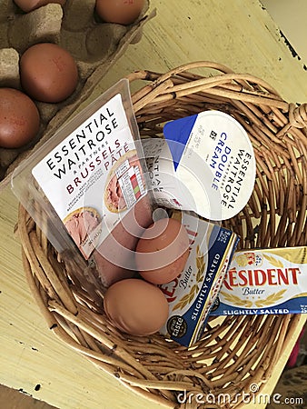 Basket of food stuffs in home kitchen Editorial Stock Photo