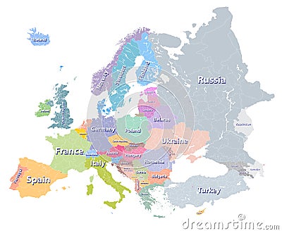 Europe vector high detailed colourful political map with regions borders and countries names Vector Illustration