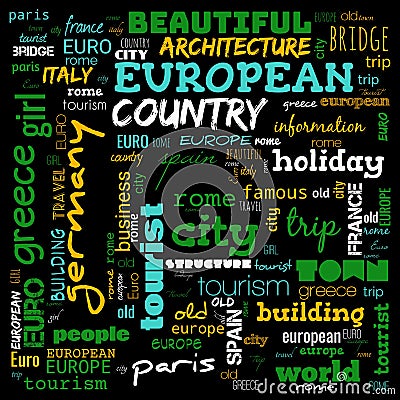 Europe word loud, text,word cloud use for banner, painting, motivation, web-page, website background, t-shirt & shirt printing, Cartoon Illustration