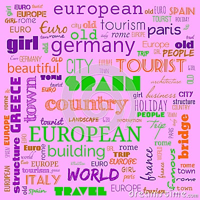 Europe word loud, text,word cloud use for banner, painting, motivation, web-page, website background, t-shirt & shirt printing, Cartoon Illustration