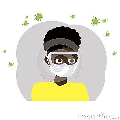 European African Man Protect Himself from Viruses Vector Illustration