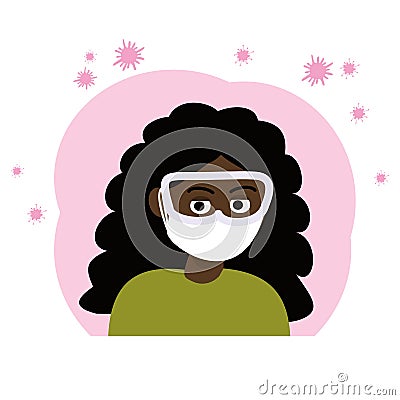 European African Woman Protect Herself from Viruses Vector Illustration