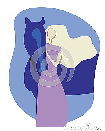 An albino or european blonde young woman or girl and horse, a flat vector stock illustration as a concept of love for nature Vector Illustration