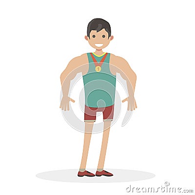 European athlete with a gold medal. Man winner. Character vector flat illustration people. Vector Illustration